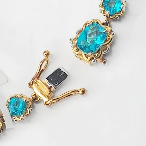 Gems En Vogue | NWT 8" Cushion Cut Paraiba Topaz 18k Gold Sterling Line Bracelet - Picture 7 of 9